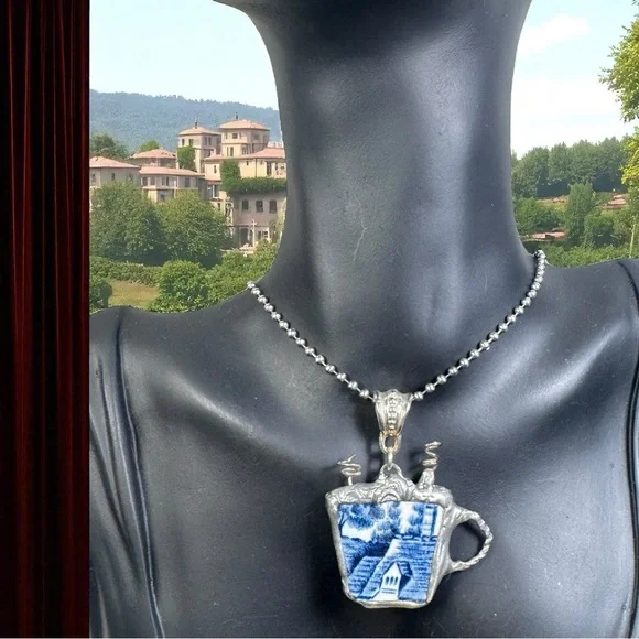 Blue Willow China Cappuccino Pendant With Artisan Silver Detailing & Ball Chain - Picture 3 of 15